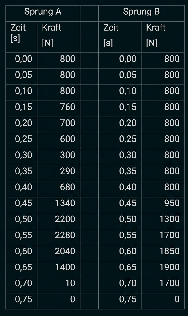 Tabelle mit Messwerten für Sprung A und Sprung B: Zeit [s] und Kraft [N] in mehreren Zeilen.